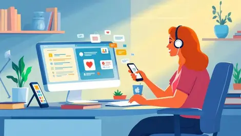 Modern office desk with computer digital assistant interacting devices resolving issues illustration