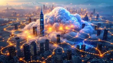 Realistic illustration large cloud server infrastructure interconnected data centers asia pacific city skyline