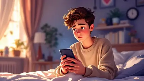 Young british teen concerned smartphone bedroom modern decor medical icons