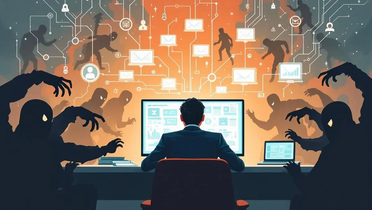 Business person monitoring network digital devices with cyber threats shadowy figures