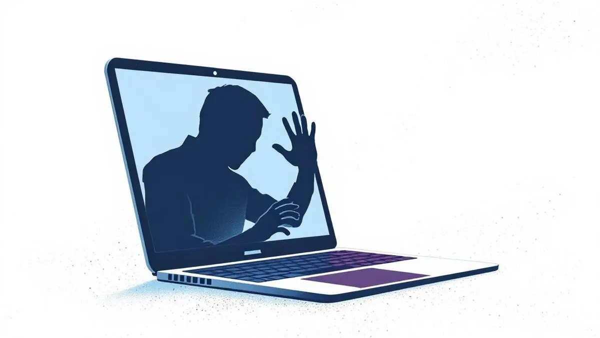 Laptop shadowy figure reaching through screen unauthorized access device takeover