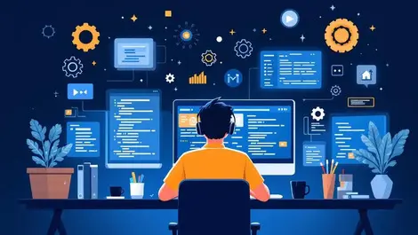 Software developer multi screen programming collaboration automation modern workspace