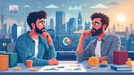 Uk small business owners thinking digital graphs financial charts cityscape symbols