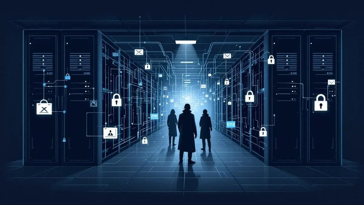 Dark server room network cables shadowy guards digital locks cybercrime security threats hosting