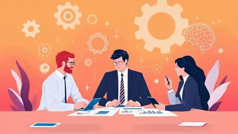 Business professionals collaborating digital devices ai technology transformation