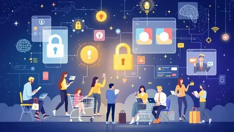 Busy online shopping scene shoppers devices carts digital locks ai ecommerce cybersecurity