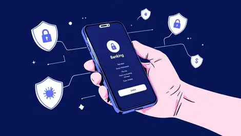 Hand holding smartphone banking app with digital protection shield symbols