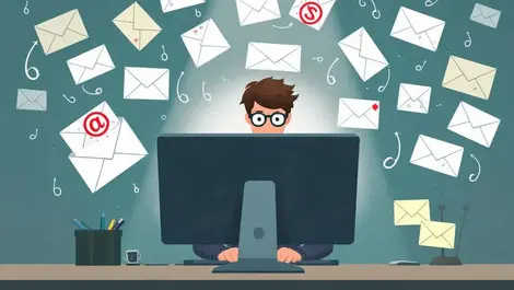 Shopper at computer surrounded by suspicious overflowing email envelopes with phishing hooks