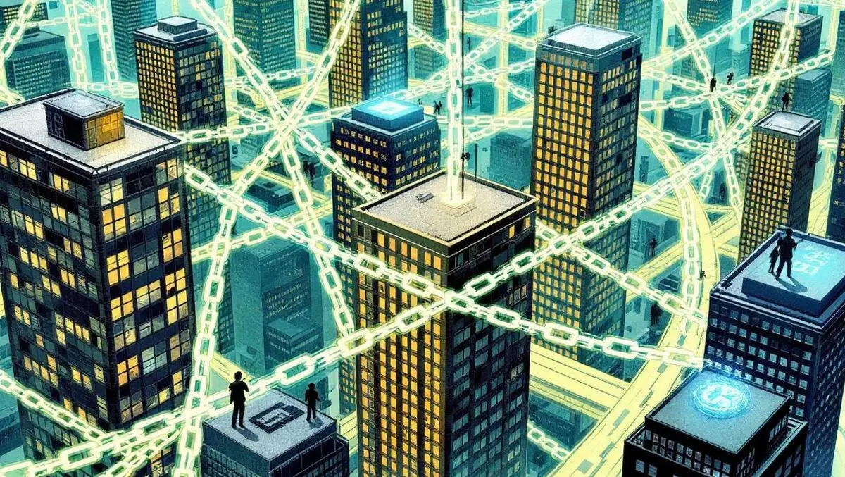 Uk office buildings interconnected digital chains chain breaks breaches illustration