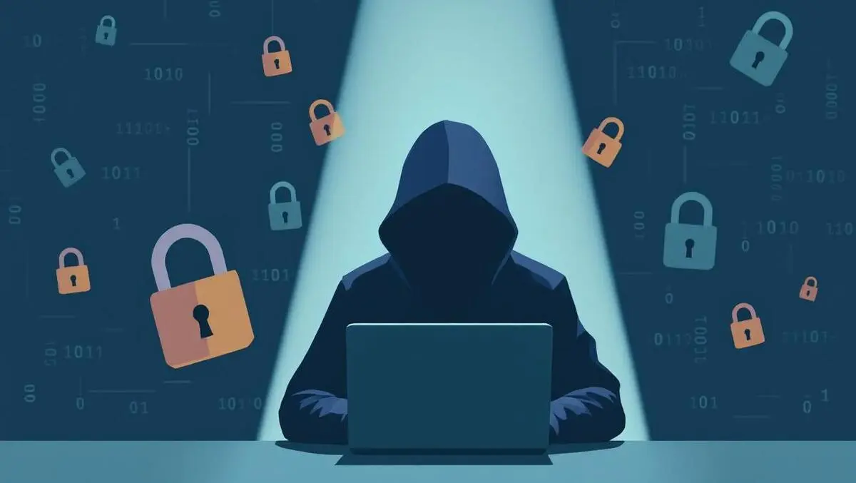 Shadowy figure at computer surrounded by digital code and padlocks cybercrime threats