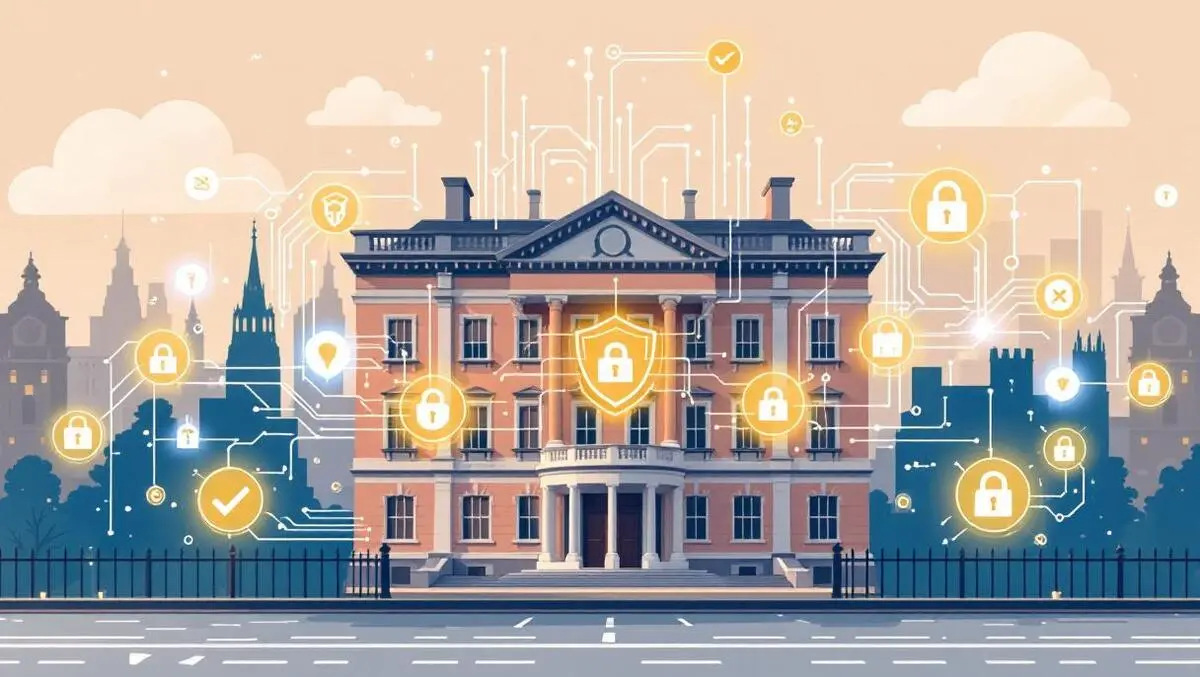 Uk office building digital shields padlocks security icons ai circuit patterns