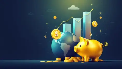 Global banking growth financial charts piggy bank symbols mexico colombia india