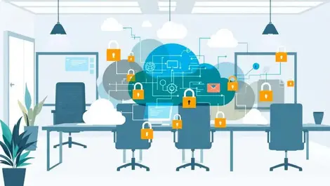 Uk office network cloud security ai integration mergers acquisitions illustration