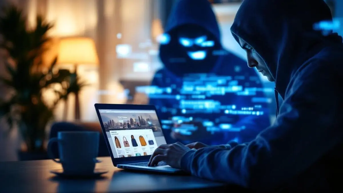 Realistic photo person online shopping laptop shadowy cyber threat modern british living room