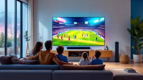 Realistic modern living room australian family watching 4k sports event