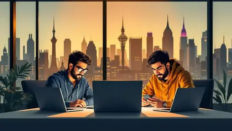 Indian tech entrepreneurs collaborating modern office uk us skylines