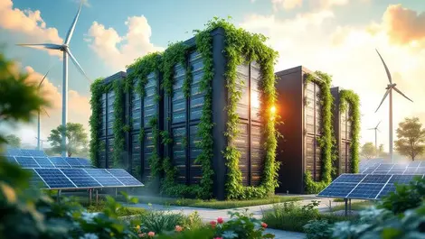 Green data center with wind turbines solar panels eco steam vines