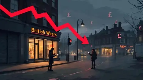 Moody british high street dusk worried shopper credit card bills