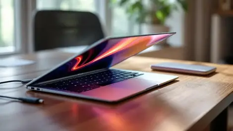 Ultra thin silver laptop oled screen on wooden desk natural light