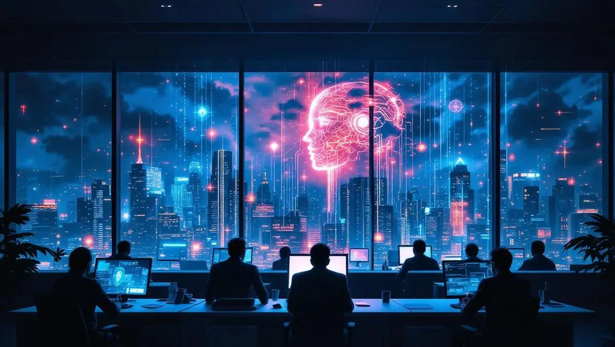 Cinematic night office ai faces data leaking to dark city clouds