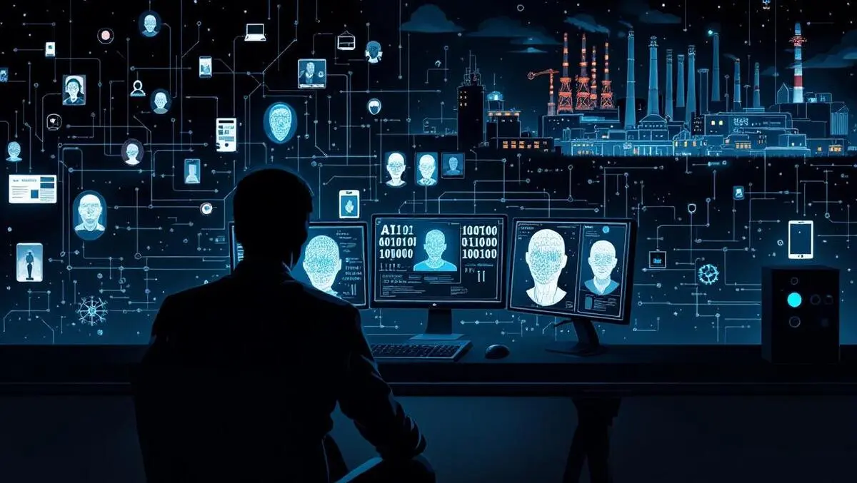 Shadowy hacker ai malware deepfake fraud cyber attack grid