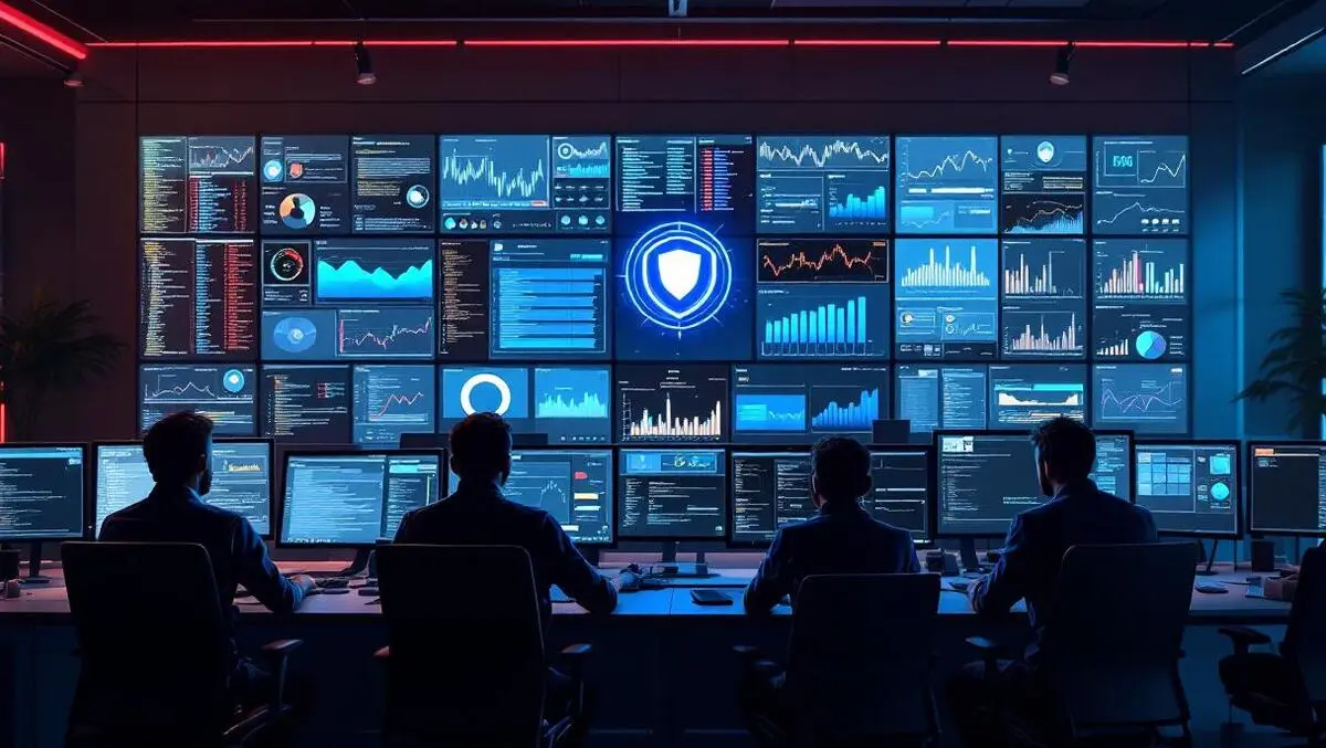 Modern soc wall dashboards code graphs glowing shield engineers