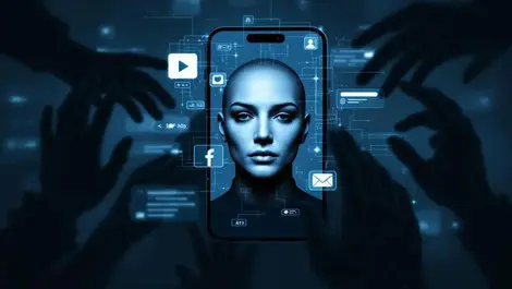 Moody smartphone deepfake celebrity face to mannequin mask scams