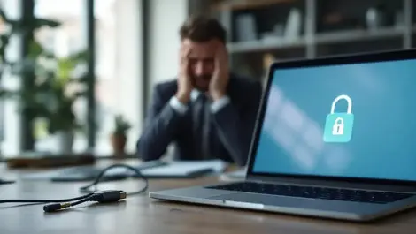 European bank office hardware security key and locked laptop scene