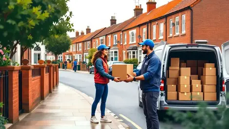 Uk suburban delivery courier handing parcel terraced houses scene