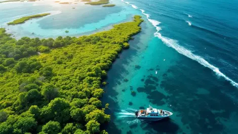 Aerial australian mangrove wetlands sunrise conservation boat