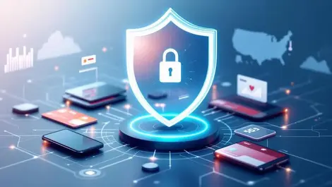 Global fintech security hub shield over digital payments maps