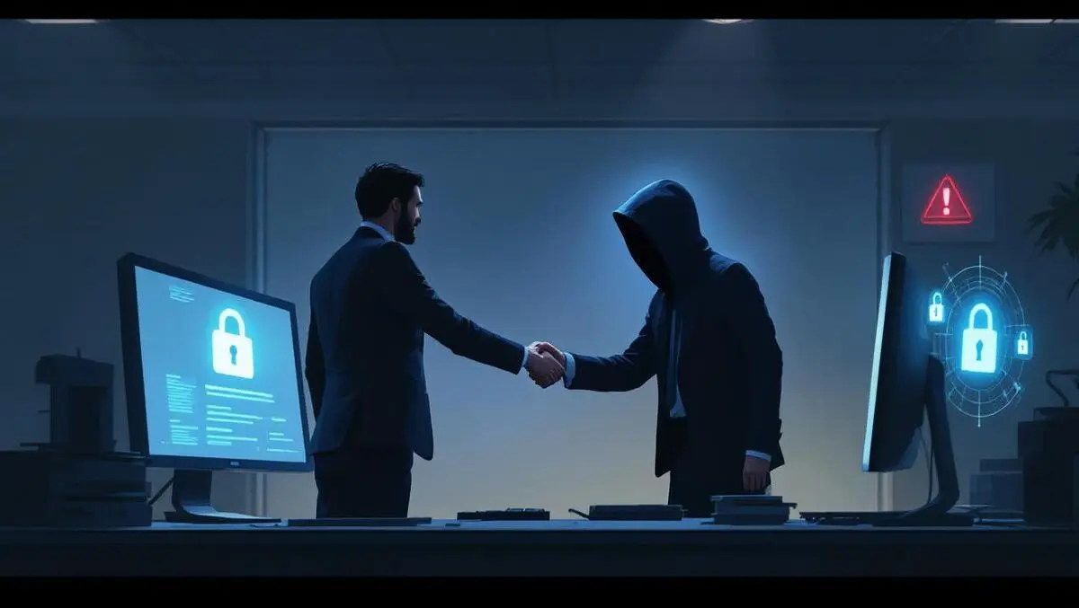 Dimly lit office worker shakes hands with shadowy hacker monitor