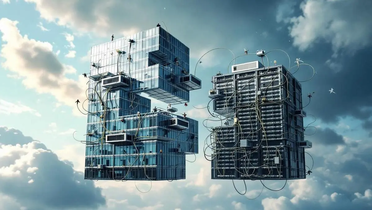 Fragmented corporate office puzzle segments fraying network cables