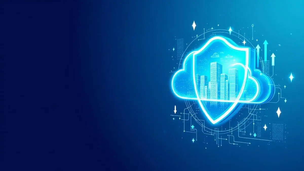 Glowing cloud shield over office skyline enterprise security growth