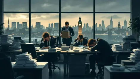 Moody uk office dusk overworked staff paperwork london skyline