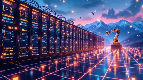 Nz data centre ai robot arm glowing data cubes cloud media 2026