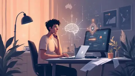 Anz event planner at desk considering ai brain circuit display