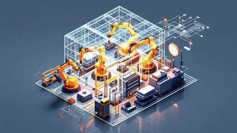 Isometric factory robotic arms virtual digital twin wireframe ai