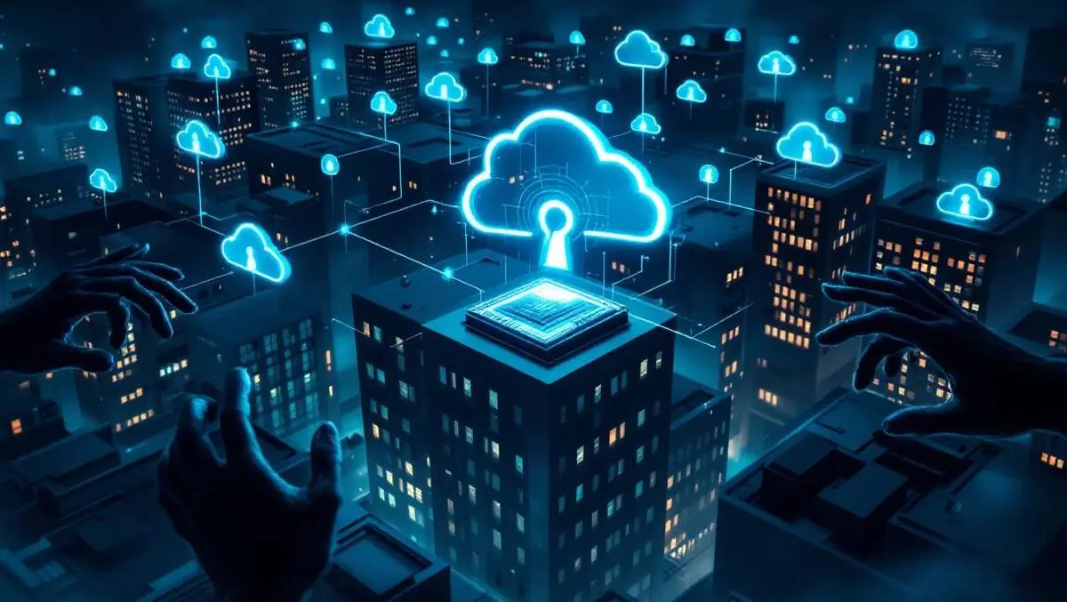 Stolen sso cloud identities over corporate office at night view