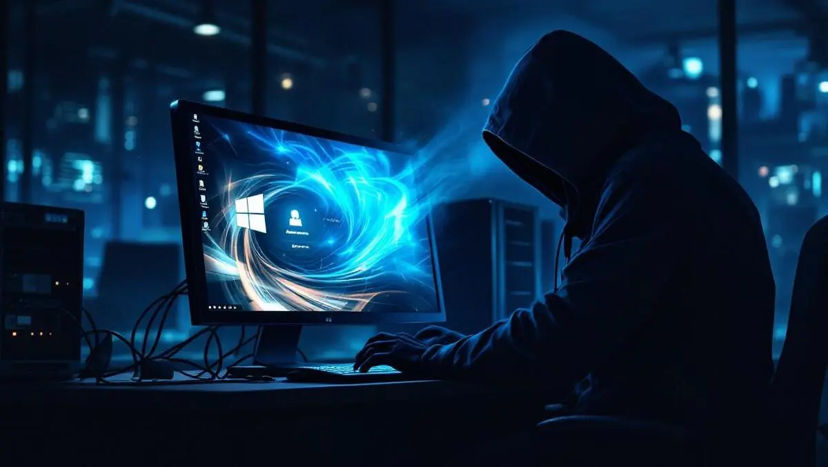 Moody corporate office night remote access malware attack scene