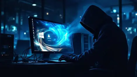 Moody corporate office night remote access malware attack scene