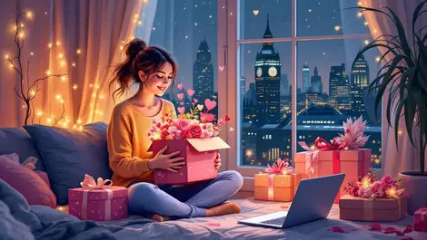 Young british woman unboxing valentines parcels in london flat night