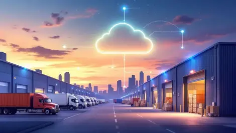 Warehouse trucks cloud access control network dusk security scene