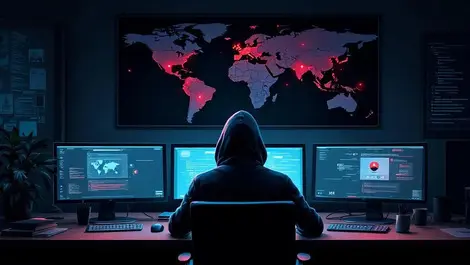 Nighttime small office cyberattack screens red warnings global scope