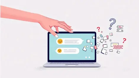 Hand over laptop chat thinking icon question marks glitchy ai replies