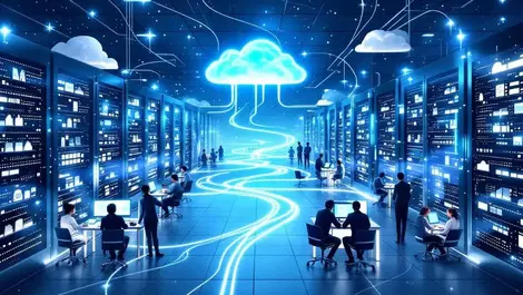 German private cloud server room data migration teamwork scene