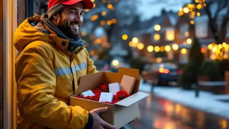 Uk delivery driver yellow jacket gift parcels wet winter doorstep