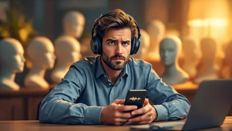 Skeptical brit listening to smartphone ai voices at wooden desk