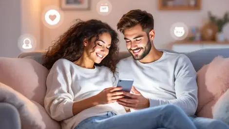 Young couple telehealth ivf support on sofa in london flat cozy