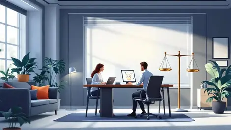 Uk government office ai desk interface with scales oversight scene